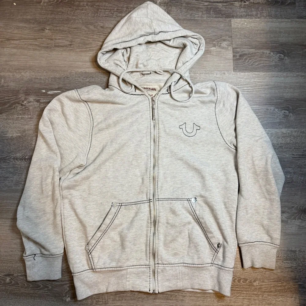 True Religion Mens Oatmeal Heather Buddha World Tour Zip Up Hoodie Grey Medium